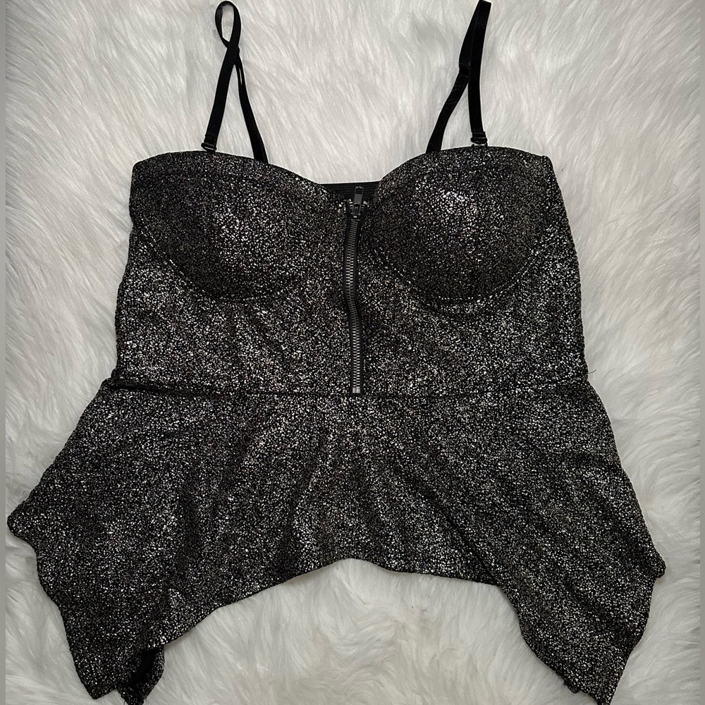 Material Girl Black Gold Glitter Peplum Bustier Top